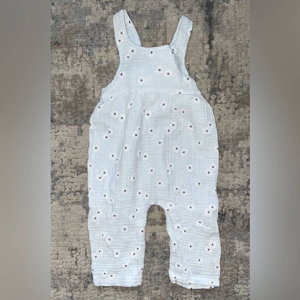 Girls' Light Blue Daisy Embroidered Overalls